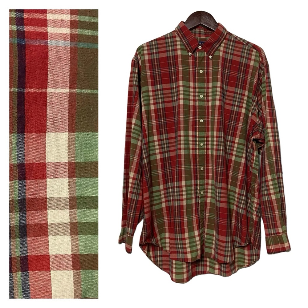Vintage Ralph Lauren Red Plaid Button Down Shirt Mens , Classic Preppy 1990s